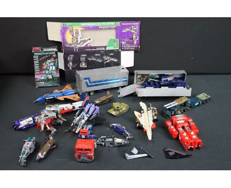 Collection of original Hasbro Takara G1 Transformers featuring Decepticon Jets Skywarp, Dinobots Slag, Leaders Optimus Prime 