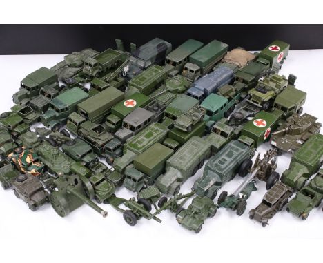 Around 70 Mid 20th C playworn military diecast models to include Dinky, Britains, Crescent Toys, etc featuring mainly Dinky e
