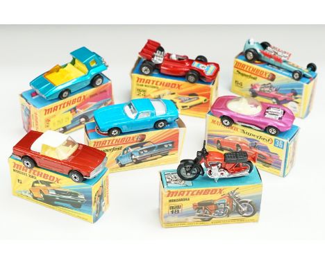 Seven boxed Matchbox Superfast diecast models to include 6 Mercedes 350SL in metallic bronze, 24 Team Matchbox in metallic re