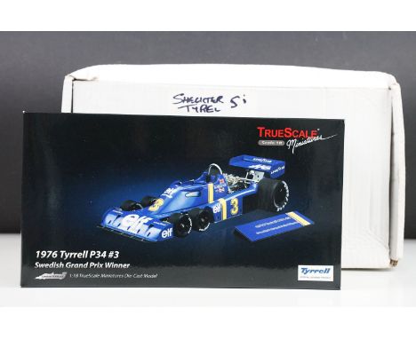 Boxed ltd edn 1/18 True Scale Miniatures Jody Scheckter signed 1976 Tyrrell P34 #3 Swedish Grand Prix Winner diecast model, M