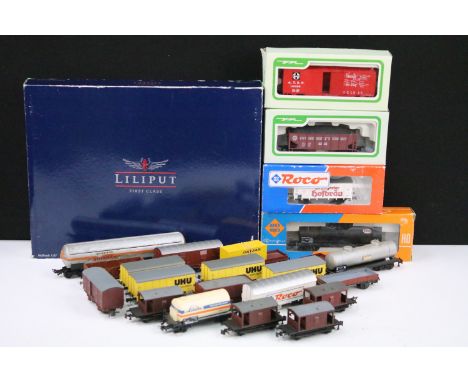 Five boxed HO gauge items of rolling stock to include Liliput First Class L240155 Bierwagon Set Epoche III SBB-CFF set of 6, 