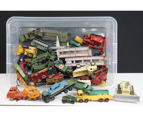 Around 50 Mid 20th C Dinky diecast models to include Hudson Sedan, Leyland Octopus in green and yellow, Blaw Knox Bulldozer, 