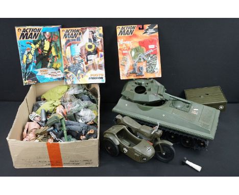 Action Man - Quantity of original Palitoy Action Man figures, vehicles and accessories to include tank, Cherilea Toys Motorbi