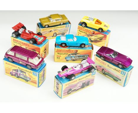 Seven boxed Matchbox Superfast diecast models to include 1 Mod Rod in yellow, 24 Team Machine in red, 14 ISO Grifo in light b