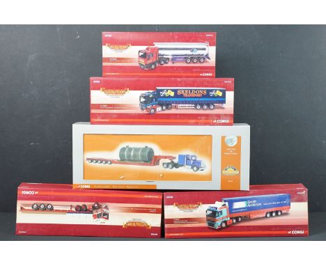 Five boxed 1/50 scale Corgi heavy haulage diecast models to include 4 x Hauliers Of Renown models including CC14010 Volvo FH 