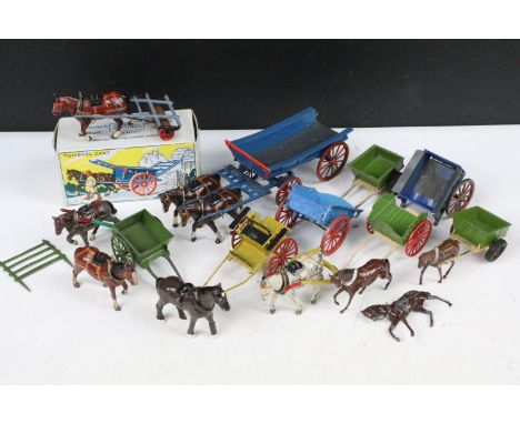 Quantity of metal Britains horse and cart figures together with six related Home Farm Series boxes to include No. 20F Farmer'