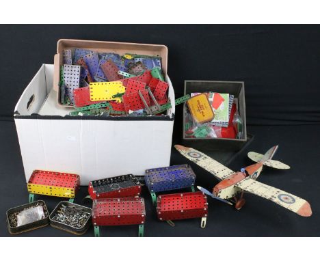 Collection of various Meccano parts and accessories to include built Meccano Airplane Kit No. 1, part built models, Magic Mot