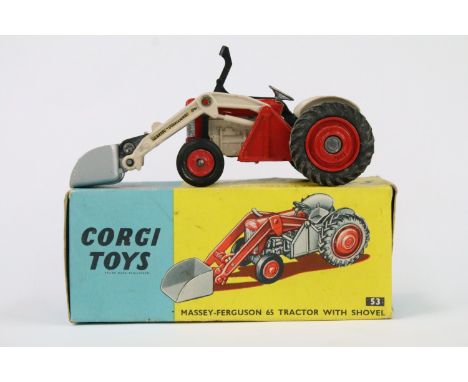 Boxed Corgi 53 Massey Ferguson 65 Tractor with shovel diecast model in red &amp; cream, some decal and paint wear but gd-vg o