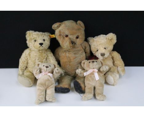 Group of five Teddy bears to include a Steiff Classic Blonde Mohair Teddy Bear (no. 004704, button to ear), a Mid 20th C stra