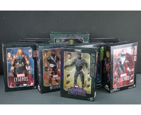 Eight Marvel Legends Series action figures C1922 Spider-Man, E1199 Black Panther, C1474 Deadpool, C1880 Hulk, C3990 Agent Wea