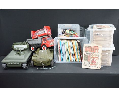 Collection of various toys and books to include Cherilea Toys Armoured Personnel Carrier, Action Man Tank, boxed Tonka Polist