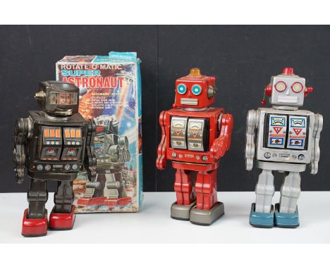 Three boxed and unboxed Horikawa Toys Japanese battery operated tinplate robots to include boxed Rotate-O-Matic Super Astrona