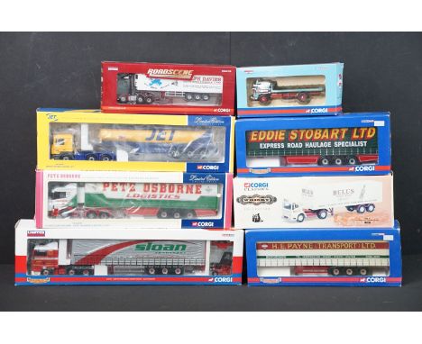 Eight boxed 1/50 scale Corgi heavy haulage diecast models to include CC12207 Scania Curtainside - Pete Osborne Logistics Ltd,