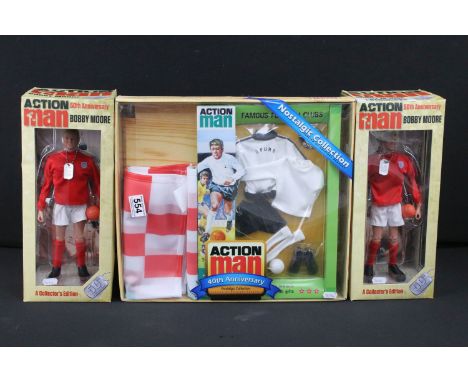 Three Hasbro Anniversary Action Man sets featuring 40th Anniversary Famous Football Clubs Tottenham Hotspur set (missing back