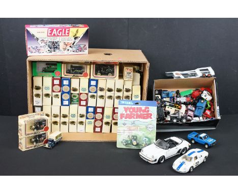 Collection of boxed and play worn diecast models to include 2 x 1970s Mattel Hot Wheels, Corgi Land Rover, 53 x boxed Lledo m
