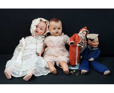 Four Early 20th C dolls to include musical sailor in the Norah Wellings style with grinning side eye face, Armand Marseille G