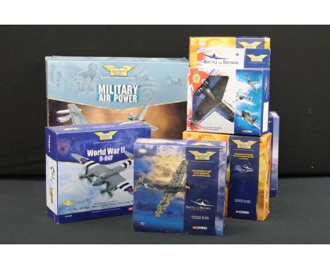 Seven boxed 1/72-1/144 scale Corgi Aviation Archive diecast model planes to include 1/144 AA33501 Military Air Power Boeing B