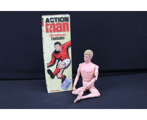 Boxed Hasbro Action Man 50th Anniversary Footballer action figure, in ex condition, plus original Palitoy Action Man figure