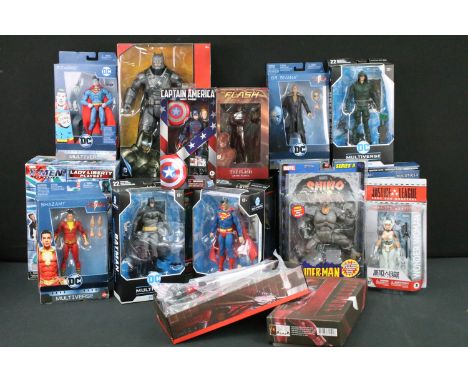 16 Boxed / carded TV related figures featuring 3 x McFarlane Toys DC Multiverse figures (Green Arrow, Superman &amp; Batman),