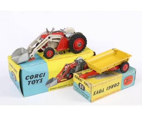 Two boxed Corgi diecast farming models to include 53 Massey Ferguson 65 Tractor with shovel in red &amp; white, and 51 Massey