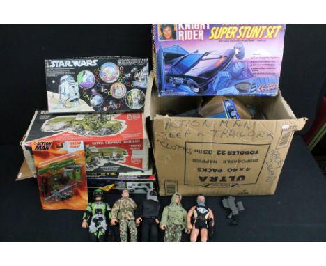 Quantity of various toys and games to include boxed Hasbro Knight 2000 Super Stunt Set, boxed Photon Electronic Double Phaser