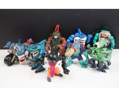 Eight original Mattel Street Sharks figures to include Slobster, Rip Rider Ripster Motorcycle, Moby Lick Orga, Rox etc, one w