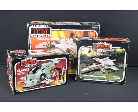 Star Wars - Three original boxed Star Wars vehicles featuring Millennium Falcon (missing Light Barrier Ball, Rod, and String)