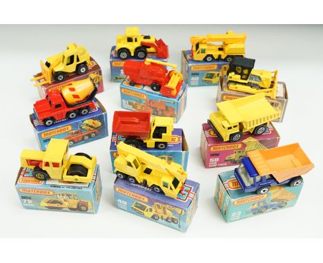 11 Boxed Matchbox 75 Series / Superfast diecast models to include 2 x 49 Crane Truck, 29 Tractor Shovel, 48 Sambron Jacklift,