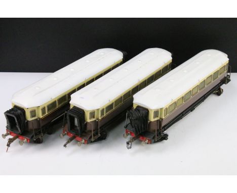 Three G scale kit built GWR coaches in cream and chocolate, metal and wooden constructions, well built