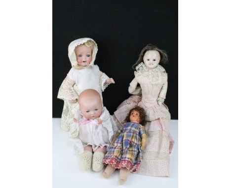 Quantity of four bisque headed and wax dolls to include Armand Marseille bisque headed baby doll marked to back of neck 'A.M.