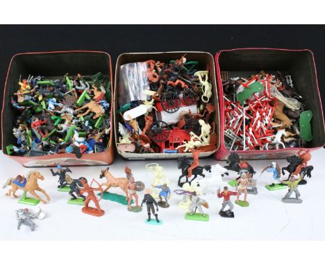 Collection of various plastic and metal figures including Timpo, Britains and Lone Star featuring Wild Wild West figures, Cow