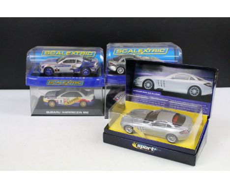 Five boxed / cased slot cars to include 4 x Scalextric (ltd edn Sport C2632A Mercedes Benz SLR McLaren, C3596 Chevrolet Camer
