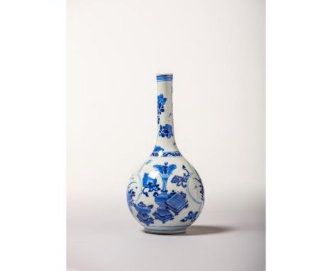 Kangxi Period (1662-1722) Of pear-shaped body and with a long slender neck. Decorated with precious objects and two shaped pa