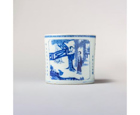 Kangxi Period (1662-1722) Painted in vibrant cobalt blue tones, featuring two panels depicting scenes from the classic work '