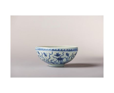 Ming dynasty, 16th century Shaped with rounded sides and a slightly inturned rim. Painted in underglaze blue, featuring on th