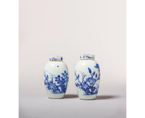 Shunzhi or early Kangxi Period, 17th century One jar featuring magnolias, rockwork, and birds, and the other with camellias, 
