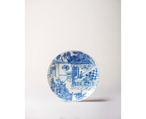 Kangxi Period, 17th century Depicting a scene with a dignitary seated inside a pavilion, accompanied by a female figure, over