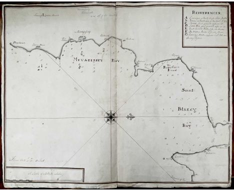 MAPS. A circa late 1700 hand-drawn sea chart of Mevagissey Bay and Saint Blazey Bay, showing Port Mellon, Mevagissey, Polzeat