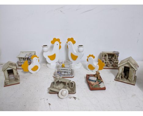 A selection of ornaments to include a pair of cockerel painted wooden Swedish candlesticks with matching mantel ornaments, a 