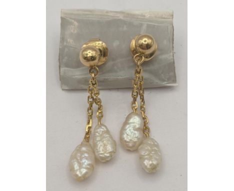 A pair of 14ct yellow gold stud earrings with two pearl drops, 1.8gLocation:If there is no condition report shown, please req