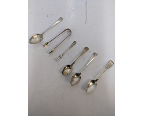 A group of hallmarked silver flatware to include four teaspoons, a cake fork a pair of sugar tong, 138.7gLocation:If there is