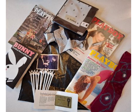 A group of Playboy items comprising 2 late 1970's/early 80's Playboy scarves, a 1980's burgundy work tie, cocktail swizzle st