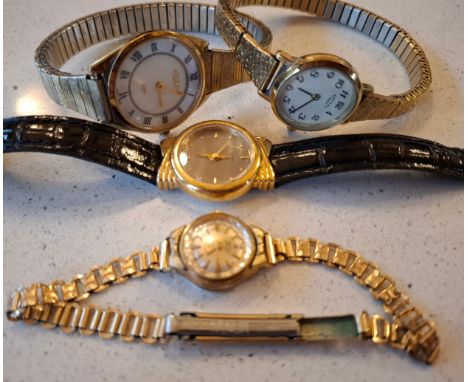 Four ladies watches to include 3 Rotary watches and an Oscar de la Renta watch style:208-Y121 having a black leather strap. L