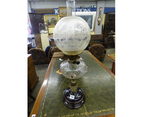 OIL LAMP WITH OVOID HOBNAIL PATTERN RESERVOIR APPLIED WITH RED PRUNT LOZENGES,CHIMNEY AND ETCHED SHADE