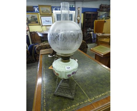 DUPLEX OIL ,LAMP WITH MOULDED OPAQUE FLORAL PAINTED RESERVOIR ON CAST ACANTHUS BASE,CHIMNEY AND SHADE