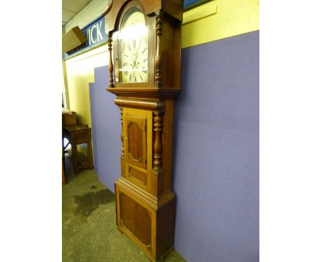 19TH CENTURY MAHOGANY LONG CASE CLOCK HAVING A BROKEN SWAN NECK PEDIMENT CENTERED WITH A CARVED PLUME TURNED COLUMNS AND SHOR