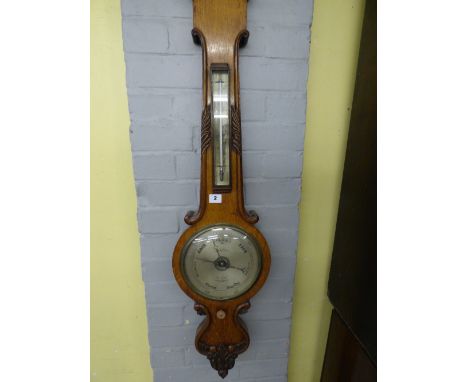 19TH CENTURY CARVED OAK ANEROID BAROMETER BY BRUNNER EDGBASTON STREET, BIRMINGHAM 102CM X 26CM