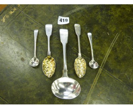 PAIR OF HM SILVER CONDIMENT SPOONS, SILVER LADLE AND TWO PARCEL GILT BERRY SPOONS 3.7OZ APPROX 