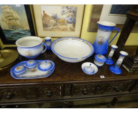 STAFFORDSHIRE POTTERY DRESSING/WASH BASIN SET DECORATED WITH PHEASANTS ON A BLUE GROUND 