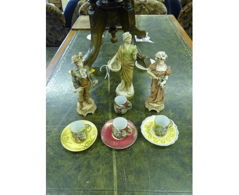 ROYAL DUX FIGURE OF AN APPLE GATHERER WITH PINK TRIANGLE TO BASE WITH IMPRESSED MARK 2082 AND A PAIR OF CONTINENTAL BISCUIT F